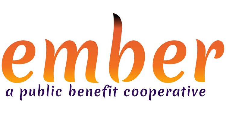 logo ember: a public benefit cooperative, stylized font in orange, yellow, and purple