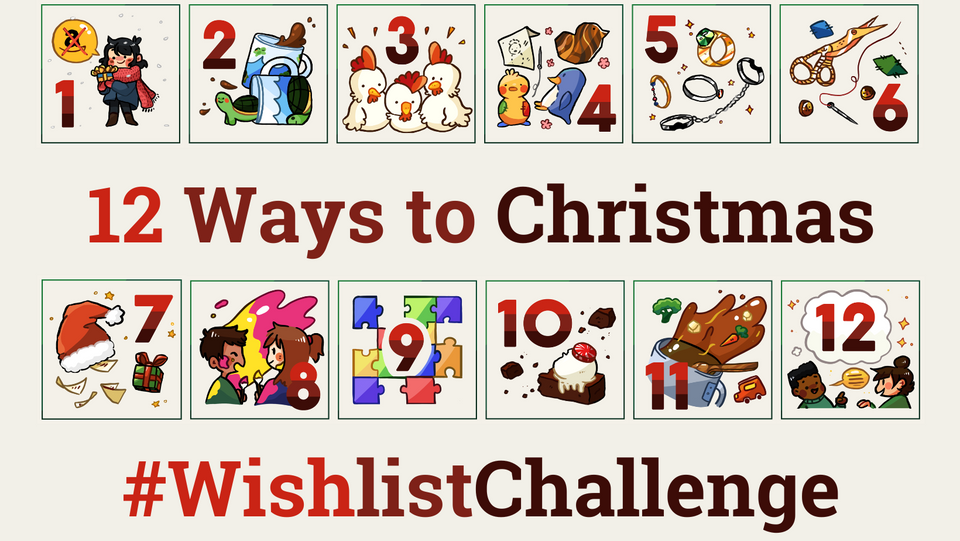 Text "12 Ways to Christmas" with illustration thumbnails representing each of the 12 ways. Text: #WishlistChallenge